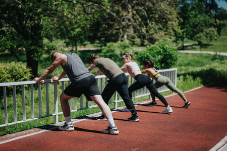 Group stretching session in a park on a sunny dayの写真素材