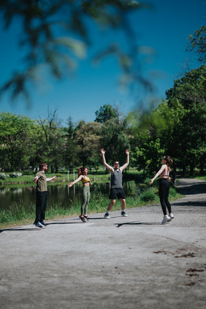 Group exercise activity in a park with fitness enthusiasts under clear skiesの写真素材