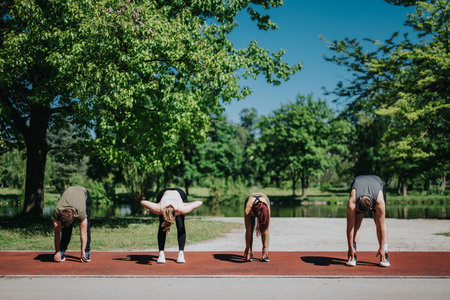 Group stretching exercise in a park with diverse individuals under sunny conditionsの写真素材