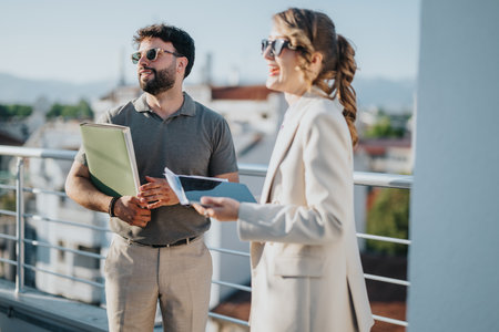 Two people discussing work outdoors on a rooftop at sunsetの写真素材