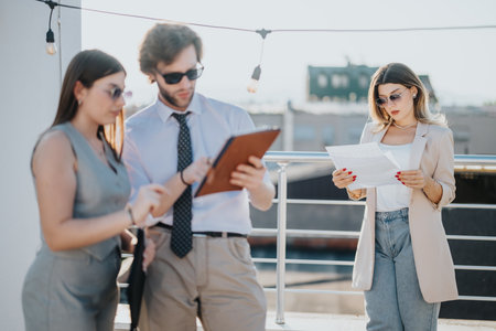 Business people discussing documents on a rooftop during sunset
