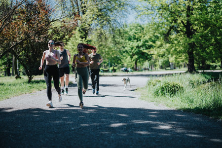 Group running outdoors in nature under clear skies through the forest pathwayの写真素材