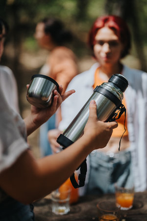 Friends sharing drinks outdoors with metal thermos bottles in dim lighting during a casual gathering