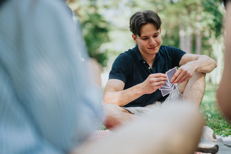 Young friends enjoying a card game outdoors in a serene park settingの写真素材
