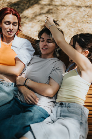 Three friends relaxing on a park bench under sunny light, enjoying a casual outdoor moment