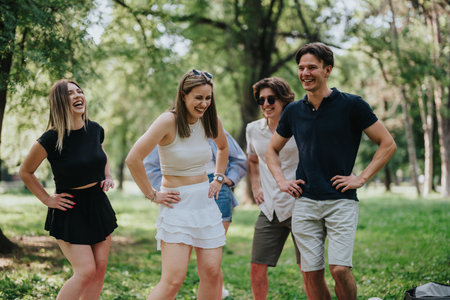 Group of friends laughing and enjoying time together outdoors in a park
