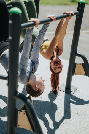 Two friends having fun exercising outdoors on gym equipment in the sun