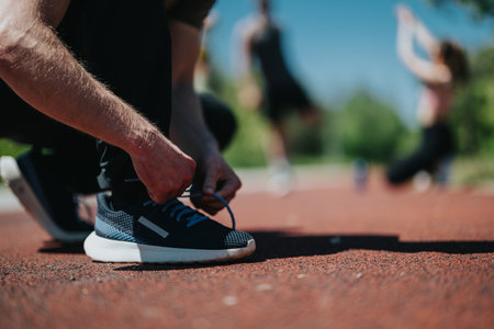 Closeup of runner tying shoelaces on outdoor track with group exercising in background