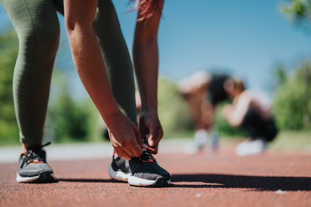 Woman tying running shoes on outdoor track with others exercising in background