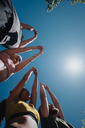Group of people stretching outdoors under bright sunlight and blue sky