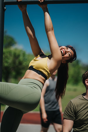Happy woman doing outdoor fitness workout on a sunny summer day