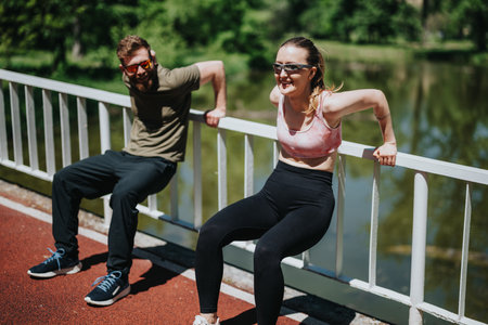 Friends exercising with dips outdoors on a sunny pathway near a scenic lake