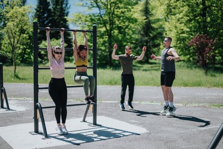 Group workout session outdoors at a park with exercise equipment