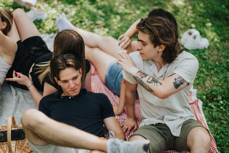Group of friends relaxing on a picnic in a park setting outdoors