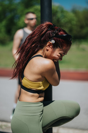 Young woman enjoying an outdoor exercise session on a sunny dayの写真素材