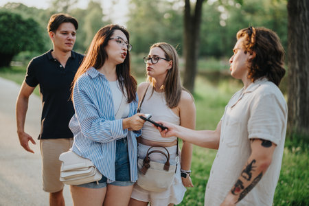 Group of friends interacting in a park during a casual outdoor gathering