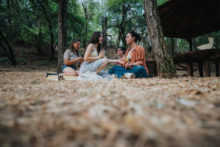 Friends enjoy a forest picnic together, sharing food and laughs in a shaded woodland setting