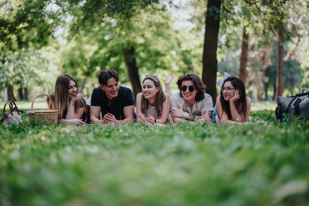 Group of friends lying on grass in a sunny park enjoying time togetherの写真素材