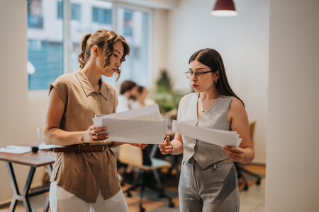 Two businesswomen discussing a project in a modern office settingの写真素材