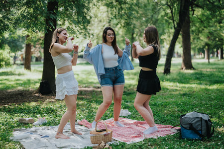 Friends enjoying a casual picnic day in a sunny green parkの写真素材
