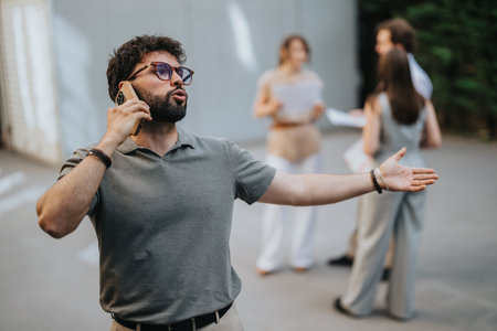 Man talking on smart phone outdoors with colleagues in backgroundの写真素材