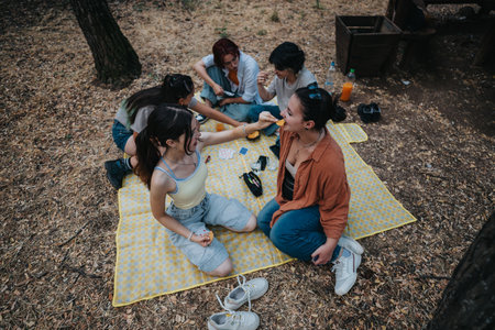 Friends share a picnic in the park, enjoying snacks on a sunny day.の写真素材