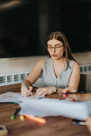 Young woman studying intently while writing on paper at a desk.