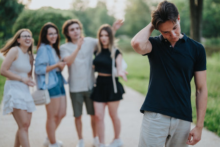 Distressed individual facing group interaction with visible tension in an outdoor setting