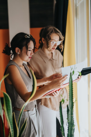 Two coworkers brainstorming ideas together at a creative workspaceの写真素材