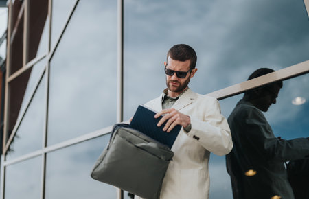 Business Professional Sorting Documents Outside a Modern Office Buildingの写真素材
