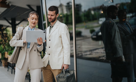 Two professionals discussing information on a tablet outside a modern office building