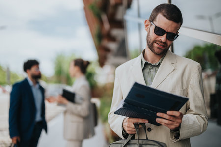 Business professional reviewing documents outside while colleagues converse in backgroundの写真素材