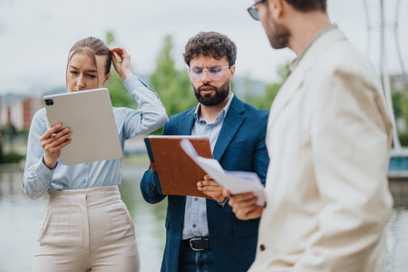 Group of professionals discussing documents during an outdoor business meeting