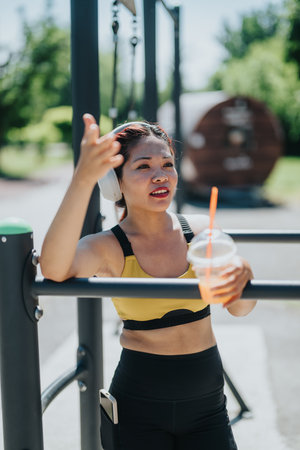 Woman pausing during outdoor workout at a fitness park in the summer