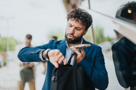 Man checking time while talking on phone outdoors in a business settingの写真素材