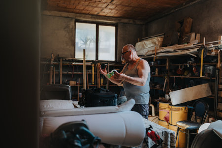 A muscular man in a gray tank top inspects a tool in a cluttered workshop filled with supplies and equipmentの写真素材