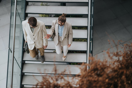 Professional colleagues walking and conversing on office stairs during a business discussion