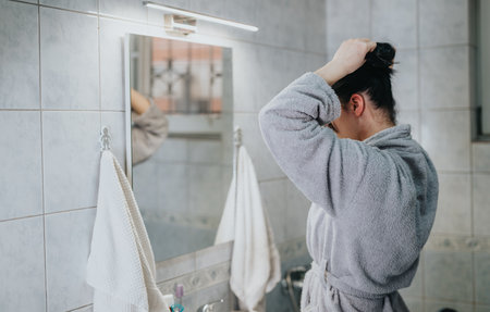 Woman preparing her hair in a bathroom wearing a soft gray robeの写真素材