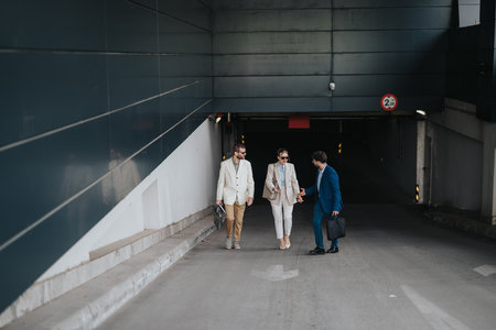 Three professionals walking together outside a modern urban environment