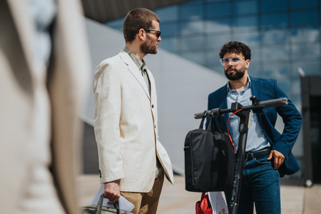 Two businessmen having a conversation outdoors near a scooter in modern surroundingsの写真素材