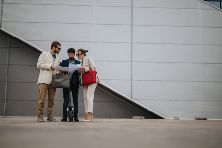 Group of professionals discussing plans during an outdoor business meetingの写真素材
