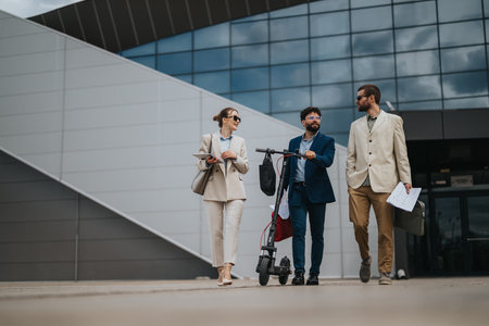 Business professionals walking and conversing together outside a modern corporate buildingの写真素材