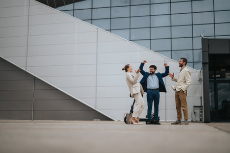 Team celebrates successful project together in front of modern office building exterior