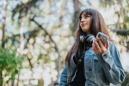 Woman outdoors holding smartphone and headphones with thoughtful expression