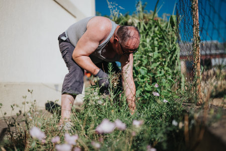 Man crouches and weeds a garden beside a chain link fence under sunny blue skyの写真素材