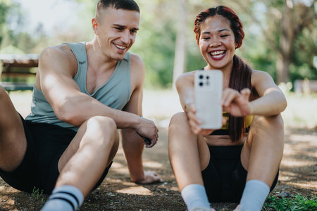 Two people resting in a park after fitness training, smiling and taking a photoの写真素材