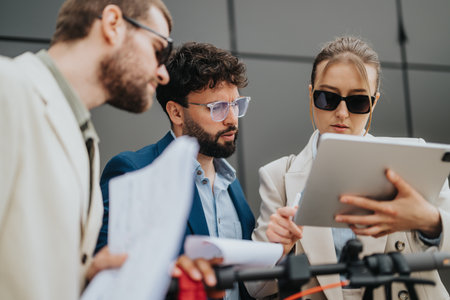 Focused team discussing a project using a tablet in a modern environmentの写真素材