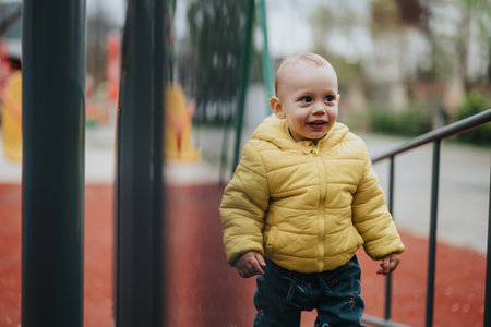 Young child in a yellow jacket playing outdoors at a public parkの写真素材