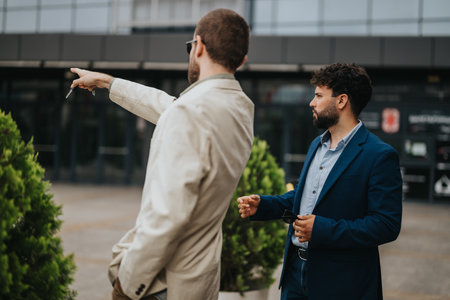 Two professionals discussing strategy outdoors near a modern urban office buildingの写真素材