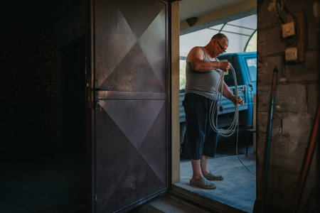 Man in sleeveless shirt standing in a doorway coiling hose outside a garage
